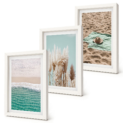 Trittico incorniciato Spiaggia, onde, erba, cappello, sabbia, relax, natura