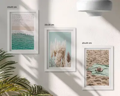 Trittico incorniciato con stampa di spiaggia, onde, erba, cappello, sabbia, relax e natura