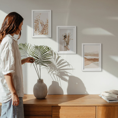 Composizione di 3 quadri Motivi vegetali astratti in stile rustico boho