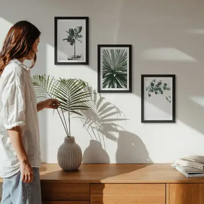 Composizione di 3 quadri con piante verdi in stile minimalista