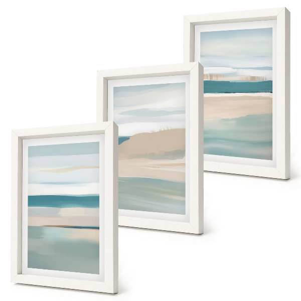 Composizione di 3 quadri Paesaggi astratti nei toni del blu e del beige