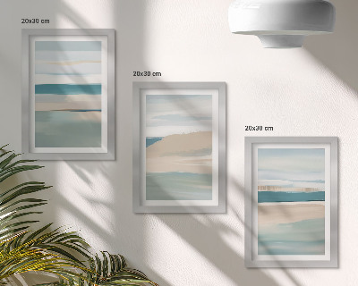 Composizione di 3 quadri Paesaggi astratti nei toni del blu e del beige