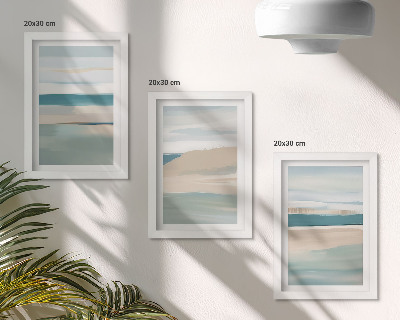 Composizione di 3 quadri Paesaggi astratti nei toni del blu e del beige