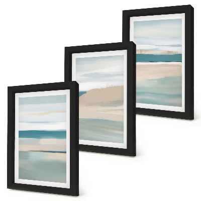 Composizione di 3 quadri Paesaggi astratti nei toni del blu e del beige