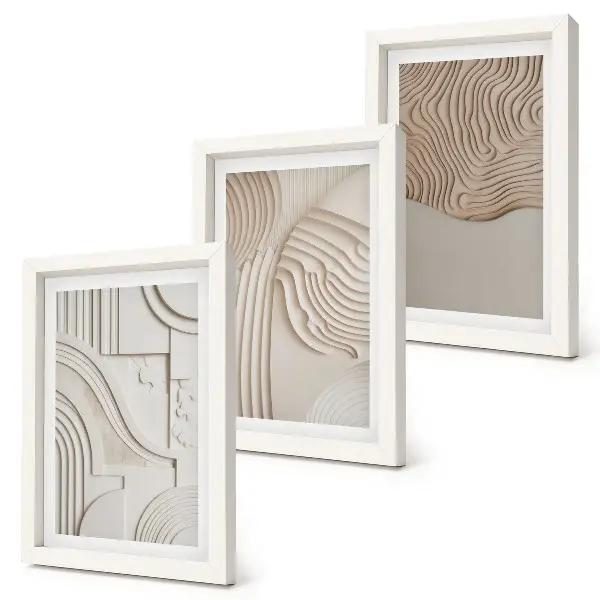 Trittico incorniciato con motivi astratti in tonalità beige e bianco