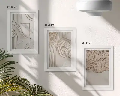 Trittico incorniciato con motivi astratti in tonalità beige e bianco