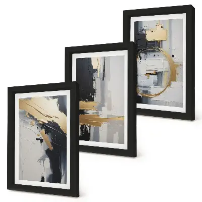 Composizione di 3 quadri con stampe pittoriche astratte in bianco e nero