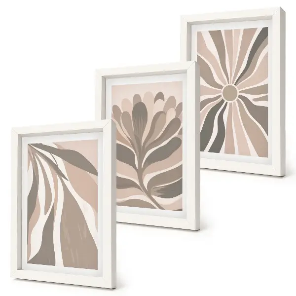 Trittico incorniciato motivi astratti con piante nei toni del beige e del marrone