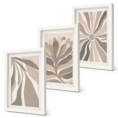 Trittico incorniciato motivi astratti con piante nei toni del beige e del marrone