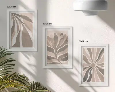 Trittico incorniciato motivi astratti con piante nei toni del beige e del marrone