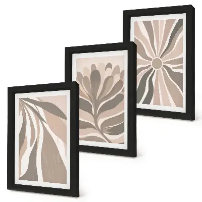 Trittico incorniciato motivi astratti con piante nei toni del beige e del marrone