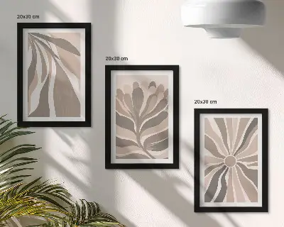 Trittico incorniciato motivi astratti con piante nei toni del beige e del marrone