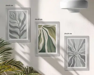 Composizione di 3 quadri con piante in tonalità verde e grigio