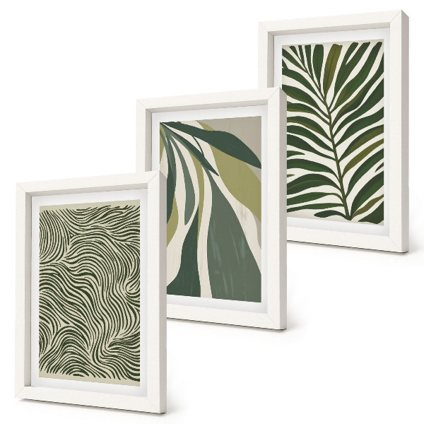Trittico incorniciato Motivi a foglia e linee ondulate in diverse tonalità di verde.