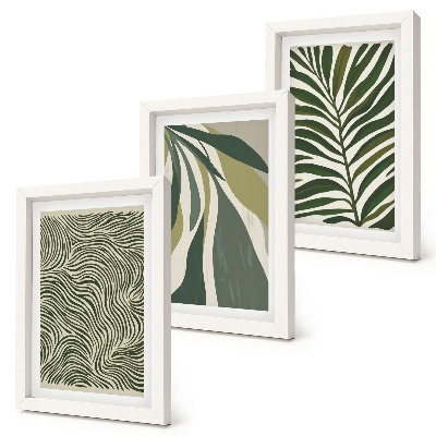 Trittico incorniciato Motivi a foglia e linee ondulate in diverse tonalità di verde.