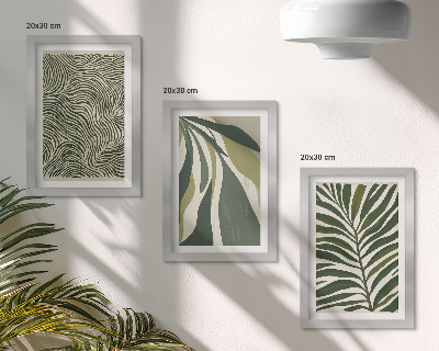 Trittico incorniciato Motivi a foglia e linee ondulate in diverse tonalità di verde.