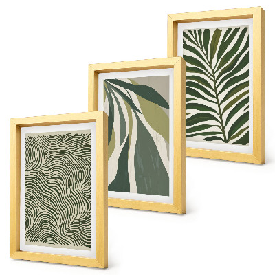Trittico incorniciato Motivi a foglia e linee ondulate in diverse tonalità di verde.