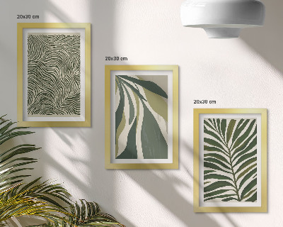 Trittico incorniciato Motivi a foglia e linee ondulate in diverse tonalità di verde.