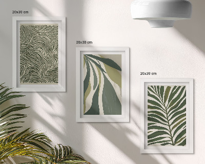 Trittico incorniciato Motivi a foglia e linee ondulate in diverse tonalità di verde.
