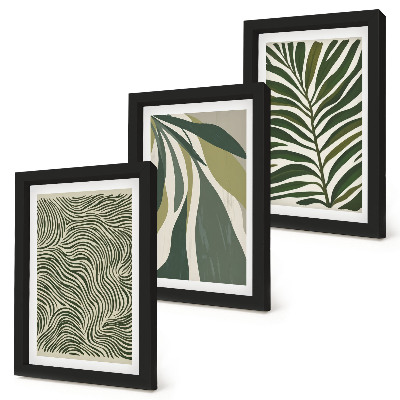 Trittico incorniciato Motivi a foglia e linee ondulate in diverse tonalità di verde.
