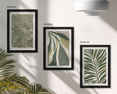 Trittico incorniciato Motivi a foglia e linee ondulate in diverse tonalità di verde.
