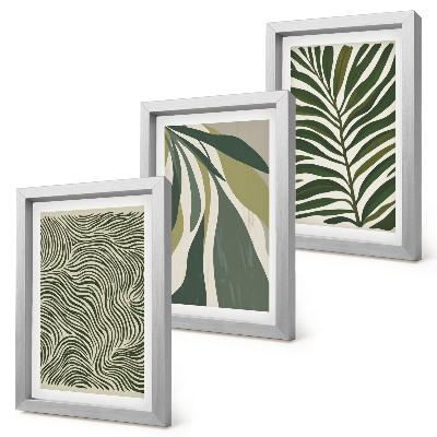 Trittico incorniciato Motivi a foglia e linee ondulate in diverse tonalità di verde.