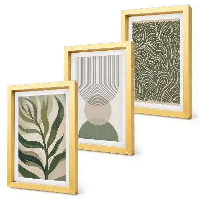 Foglie e forme geometriche astratte composizione di 3 quadri