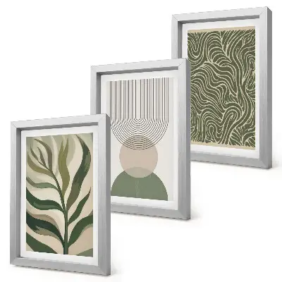 Foglie e forme geometriche astratte composizione di 3 quadri
