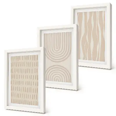 Composizione di 3 quadri con motivi astratti nelle tonalità del beige e del bianco