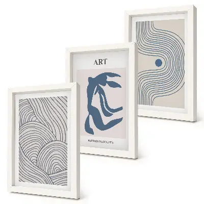 Composizione di 3 quadri con motivi astratti di linee e forme in diverse tonalità di blu