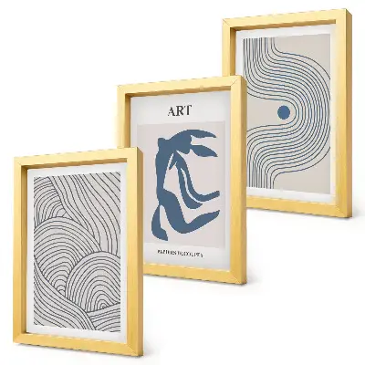 Composizione di 3 quadri con motivi astratti di linee e forme in diverse tonalità di blu