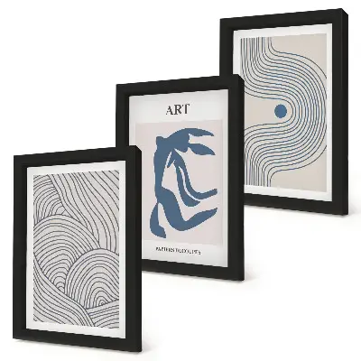 Composizione di 3 quadri con motivi astratti di linee e forme in diverse tonalità di blu