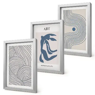Composizione di 3 quadri con motivi astratti di linee e forme in diverse tonalità di blu