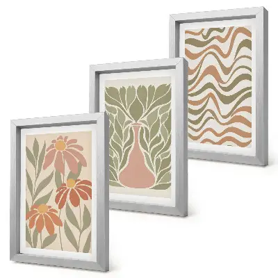 Composizione di 3 quadri con illustrazioni floreali astratte dai toni pastello ondulati