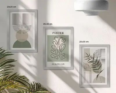 Trittico di poster con motivi botanici astratti geometrici in cornice