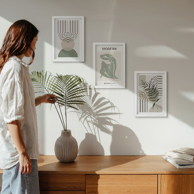 Composizione di 3 quadri Grafica elegante con forme astratte e piante