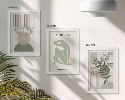 Composizione di 3 quadri con grafica elegante di forme astratte e piante