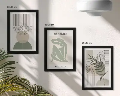 Composizione di 3 quadri con grafica elegante di forme astratte e piante