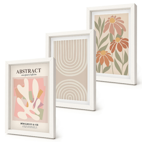 Composizione di 3 quadri Forme astratte con motivi vegetali in colori pastello