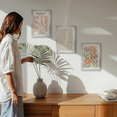 Composizione di 3 quadri Forme astratte con motivi vegetali in colori pastello