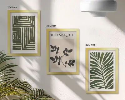 Composizione di 3 quadri con composizioni botaniche in stile minimalismo bohémien