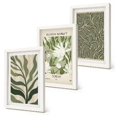Composizione di 3 quadri con motivi vegetali e decorazioni botaniche in stile boho