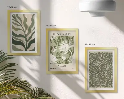 Composizione di 3 quadri con motivi vegetali e decorazioni botaniche in stile boho