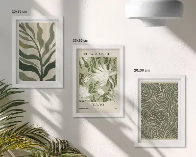 Composizione di 3 quadri con motivi vegetali e decorazioni botaniche in stile boho