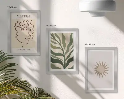 Trittico incorniciato con motivi e linee astratte di piante in colori tenui