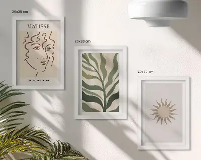 Trittico incorniciato con motivi e linee astratte di piante in colori tenui