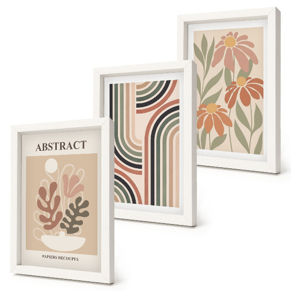 Composizione di 3 quadri Piante e motivi astratti in colori pastello
