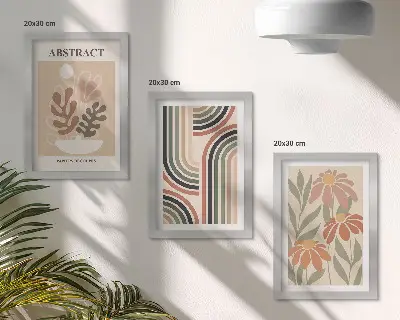 Composizione di 3 quadri con piante e motivi astratti in colori pastello