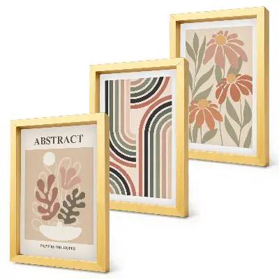 Composizione di 3 quadri con piante e motivi astratti in colori pastello
