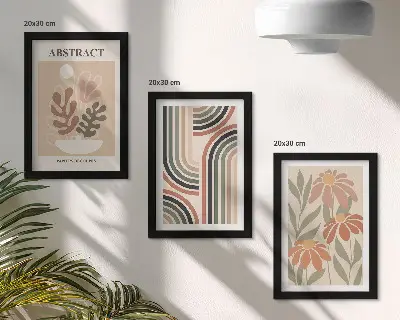 Composizione di 3 quadri con piante e motivi astratti in colori pastello